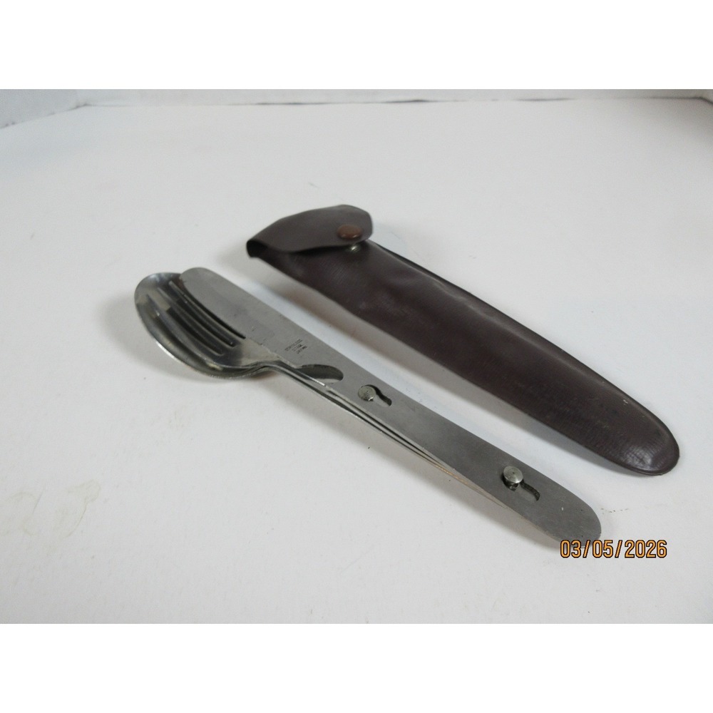 Vintage Stainless Steel Japan Nesting Camping Cutlery Set Spoon Fork Knife Pouch